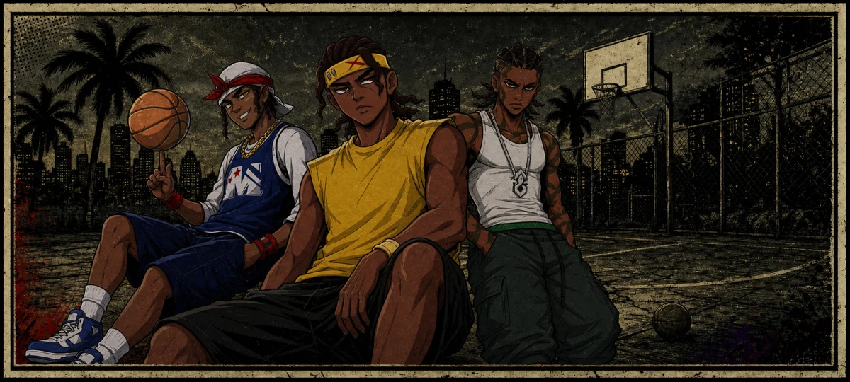 Rax seated on a gritty night streetball court